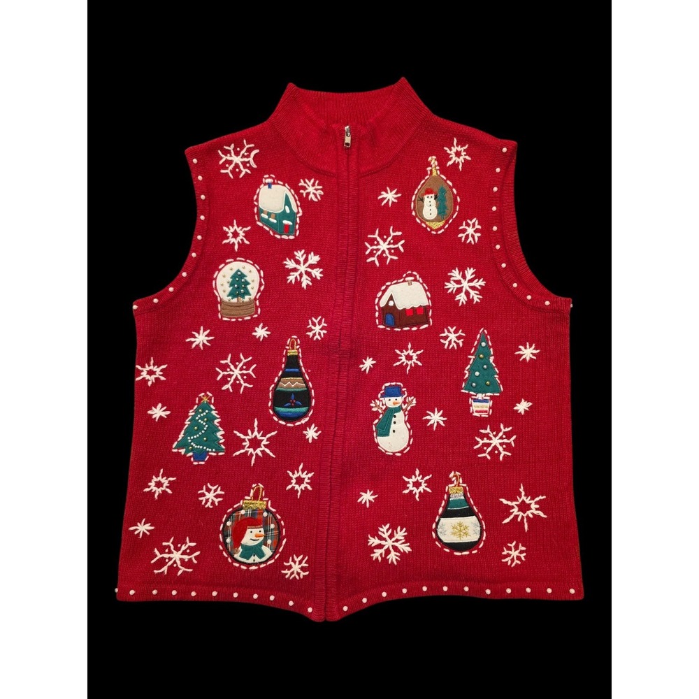 Erika Christmas Sweater Vest M Red Snowflakes Snowmen Trees Embroidered Holiday